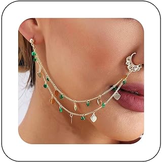 Vintage Stainless Steel Crystal Nose to Ear Chain Jewelry with Gold Cz Flower Nose Ring, Non-Pierced Hoop Chain, Dance Party Accessory for Women and Girls