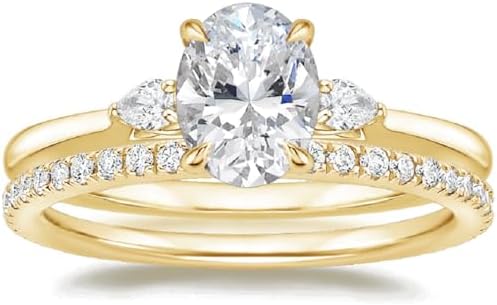 14K Yellow Gold Oval Moissanite Bridal Ring Set with Pear Side Stones, 2CT, Sterling Silver, Engagement/Wedding Gift for Women