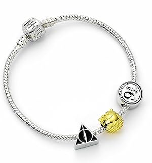 Harry Potter Official Silver Plated Bracelet with Deathly Hallows, Golden Snitch and Platform 9 3/4 Charm