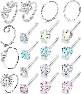 18G 20G Surgical Steel Cubic Zirconia Nose Ring Studs and Hoops Set for Women, Men, and Girls, Featuring Heart, Star, Flower, and Leaf Designs