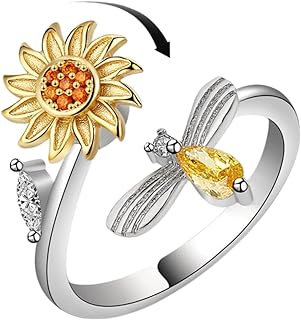 Bee Kind Spinning Bee Sunflower Ring For Girls Made With 18k Gold Plating & Zircon Crystals, Relief Anxiety Rings For Women Comes With A Personalized Gift With Box.