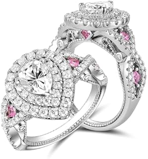 DovEggs Moissanite Engagement Rings for Women 3.1ctw Total 6x8mm GHI Color Pear Cut Moissanite Vintage Anniversary Double Halo Split Shank Pink Sapphire Accents 14K Gold QUALITY Sterling Silver