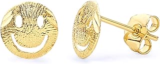 14K Real Yellow Gold Smiley Face Stud Earrings with Push Back for Women, Simple and Chic Design