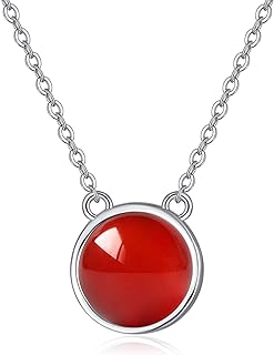Sterling Silver Box Chain Necklace with Carnelian Pendant for Women - Round Design by TANGPOET
