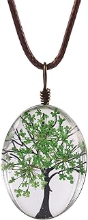 Life of Tree Multi Colors Queen Anne's Lace Dried Flowers Oval Pendant Necklace (4 Colors)