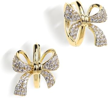 Stainless Steel Gold Bow Hoop Earrings with Cubic Zirconia for Women, Hinged Hoop Back Finding, Hypoallergenic