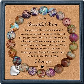 Mom Gifts from Daughters Natural Gem Stone Bracelet Yoga Healing Stone Bracelet Elastic Beaded Heart Charm Bracelet Handmade Jewelry Gifts for Mother’s Day Christmas Thanksgiving Birthday