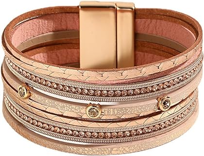 Bohemian Chic Leather Wrap Bracelet with Crystal Diamonds for Women and Girls - Magnetic Clasp and Multi-Layered Design - Ideal for Birthdays, Holidays, and Special Occasions