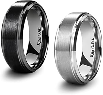 King Will BASIC Men's Black Titanium Ring 8mm Polished Beveled Stepped Edge Matte Brushed Finish Center Wedding Band 2Pcs Set