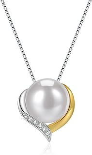 925 Sterling Silver Gold Pearl Heart Pendant Choker Necklace with Cable Chain for Women- Elegant, Handcrafted Beaded Jewelry Gift