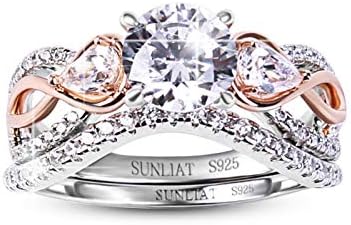 Engagement Wedding Ring Set for Women,925 Silver Rose Gold Plated Three Stones Round and Pear Cubic Zirconia Bridal Rings Sets, Promise Rings for Her Anniversary Ring