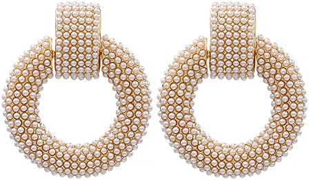 Pearl Drop Earrings for Women, Boho Faux Pearl Earring Gold Cluster Pearl Dangle Chunky Earring Statement Geometric Earrings