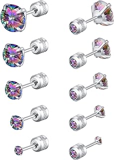 Lasidor 5 Pairs Stud Earrings Colorful Cubic Zirconia Stainless Steel Stud Earring Hypoallergenic Screw Back Earrings Double Side Piercing Earrings Gifts for Women Mother's Day