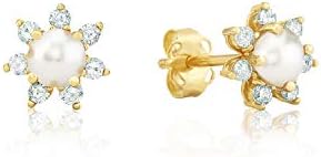 14k Yellow or White Gold Gemstone and Diamond Flower Halo Stud Earrings for Women with Push Backs 4mm Birthstone by MAX + STONE