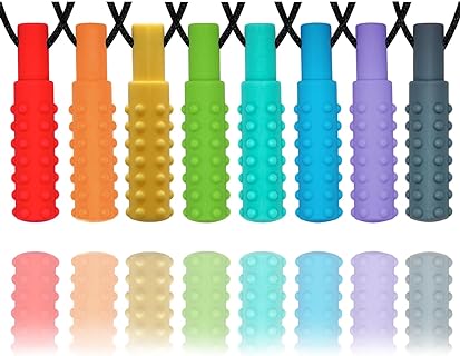 Hoaisun Silicone Teething Bead Necklace in Vibrant Colors with Fidget-Relieving Textured Design for Kids and Adults with Autism, ADHD, SPD, Biting and Anxiety Issues - BPA & Latex Free Set of 8