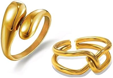 Chunky Statement Rings Stainless Steel Gold Stackable Rings for Women Teen Girls Open Adjustable Knuckle Midi Pinky Rings Fashion Water Drop Dome Rings Crossover Knot Twist Rings Set