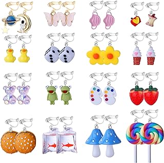 Kakonia 16 Pairs Cute Clip on Earrings Weird Earrings for Women Funny Mushroom Frog Duck Strawberry Butterfly Lollipop Kawaii Clip Dangle Earrings Non Pierced Earring Jewelry Set With Clear Box