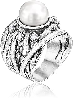 925 Sterling Silver Statement Ring Freshwater Pearl And Cubic Zirconia CZ Floral Leaves Vintage Antique Look Hypoallergenic Nickel and Lead-free Artisan Handcrafted Designer collection