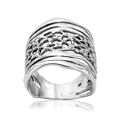 925 Sterling Silver Shield Ring Lace Look, Multi Textured, Oxidized, Vintage Look Stylish Hypoallergenic, Nickel and Lead-free, Artisan Handcrafted Designer Collection Made in Israel (Size 5-11)