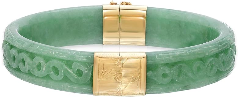 14K Yellow Gold Real Jade Hand Carved Bangle Bracelet