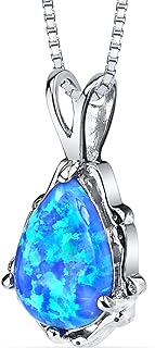 PEORA Created Blue Fire Opal Vintage Teardrop Solitaire Pendant Necklace for Women 925 Sterling Silver, 1 Carat Pear Shape 10x7mm, with 18 inch Chain