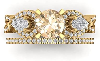 18K Yellow Gold Clara Pucci Engagement & Anniversary Ring Set with 2.0 ct Round Cut, 3 Stone Natural Brown Morganite for Brides - Sophisticated Design