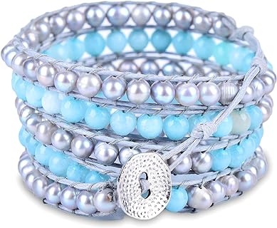 Spirit Wrist Magnolia Bead Chain Wrap Bracelet, Bohemian Style with Aquamarine Jade & Gray Pearl Beads, Handmade Boho Jewelry for Women & Men, Adjustable and Multifunctional - Perfect Gift Idea.