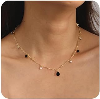 Spectacular Black and Gold Beaded RLMOON Diamond Necklace - Crystal Bedazzled Teardrop Design 14K Gold Plated - Chic Ball Chain - Ideal Gift for Women