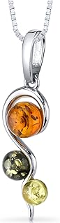 Sterling Silver Spiral Pendant Necklace with Genuine Baltic Amber and Spring Ring Clasp for Women, Elegant Drop Design