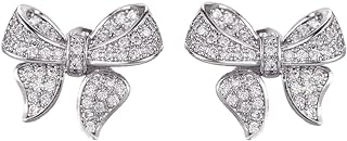 Chic Push-Back Cubic Zirconia Crystal Bow Stud Earrings for Women and Girls - Hypoallergenic and Dainty Silver Plated Bowknot Design