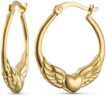 BFF Love Lightweight Sparkling Diamond-Cut Angel Wings Heart Celtic Claddagh Hoop Earrings For Women Teen Gold Plated .925 Sterling Silver Diameter .5-1 Inch