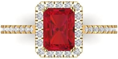 18K Yellow Gold Emerald Cut Ruby Engagement Ring with Accent Halo for Her by Clara Pucci | Sophisticated Design