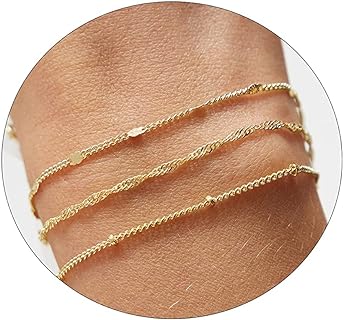 Dainty Beaded Bracelets for Women with Box and Rope Chain, 14k Gold Plated, Agate Gem, and Lobster Claw Clasp - Set of Three Minimalist Layered Bracelets