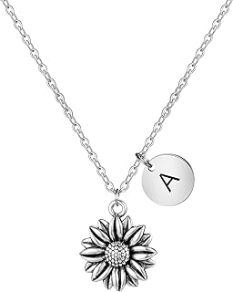 JoycuFF Sunflower Necklace Dainty Letter Jewelry Silver Daisy Flower Charm Chain Pendant Personalized Monogram Inspirational Gifts for Her Women Daughter Sister Wife Best Friend