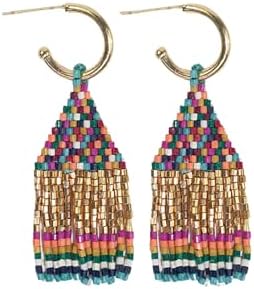 INK+ALLOY 2-Inch Brass Hoop Earrings with Push Back, Beaded Fringe Design for Women - Boho Chic Handmade Jewelry from India