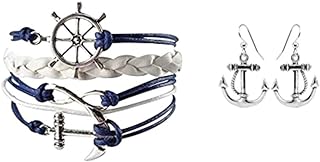 Infinity Collection - Nautical Anchor Charm Earrings & Bracelet for Women, Navy and White Anchor Braided Bracelet - Weaved Leather Rope with Ship Wheel, Infinity, and Anchor Charm Bracelet