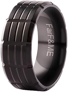 FarF&ME 9mm Black Tire Pattern Rings for Men Tungsten Ring Grooved Striped Wedding Band Engagement Ring Comfort Fit 7.5-11.5