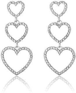RareLove Bling CZ Crystal Interlocking Three Heart Hollow Dangle Stud Piercing Earrings For Women Girls Silver Plated Alloy Valentines Gift For Her