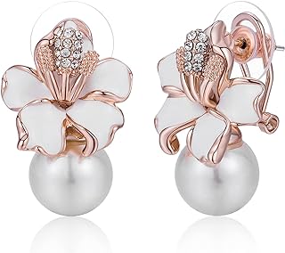 Rose Gold Omega Back Pearl Stud Earrings for Women with Reflective Floral Design by Kemstone