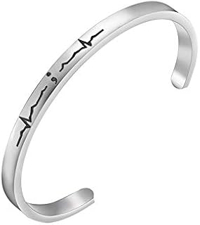 Stainless Steel Semicolon Heartbeat Infant Cuff Bracelet with Bead Chain and Lobster Claw Clasp for Mental Health Warriors