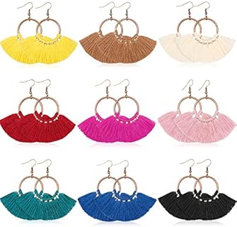 9 Pairs Statement Tassel Earrings Hoop Tassel Earrings Bohemian Handmade Dangle Ear Drops for Women Girls Party Favor (Style 1)