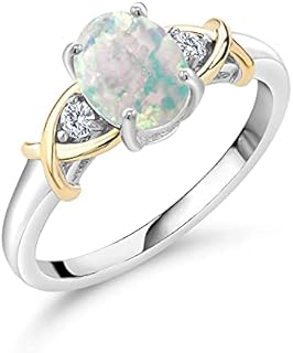 Gem Stone King 2 Tone 10K Yellow Gold and 925 Sterling Silver Oval Cabochon White Simulated Opal and Lab Grown Diamond Women Ring (1.08 Cttw, Available in Size 5,6,7,8,9)