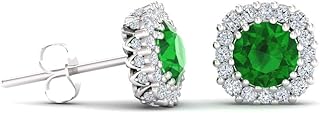 Emerald and Diamond Stud Earrings with Push Back in 14K White Gold for Women, Classic Design