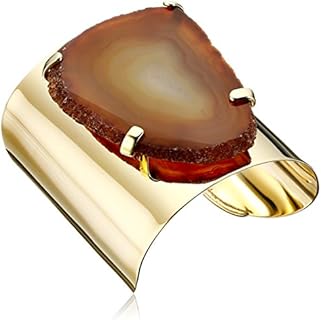 Gold-Plated-Brass Ben-Amun Jewelry Statement Cuff Bracelet with Agate Gemstones for Women, No-Clasp Elegant Design