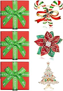 MTLEE 3 Sets Christmas Brooch Pin for Women with Red Gift Box, Rhinestone Christmas Brooch Candy Christmas Tree Poinsettia Flower Pins for Xmas Women Girls Gift