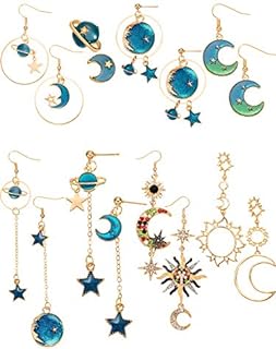 8 Pairs Moon Star Earth Planet Earrings Asymmetrical Vintage Bohemian Earrings Dangle Pendant Earrings Drop Hook Earrings Jewelry for Women