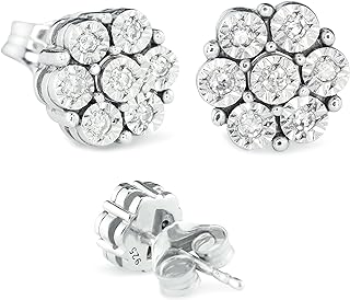 .925 Sterling Silver Floral Diamond Cluster Stud Earrings with Push Back for Women, Seven Stone Design