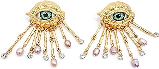 Surreal 18k Gold Plated Open Eye Earrings Real Freshwater Pearls Tassel Teardrop Stud Statement Italian Designer Style Vintage Modern Bold Look Celebrity Elegant Classy Apperance Baroque Fashion