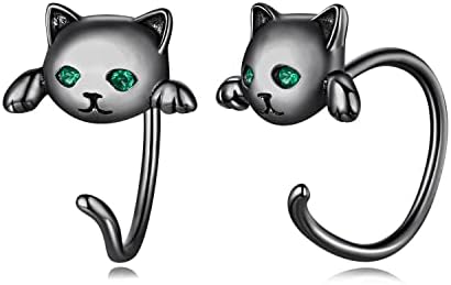 Hinged Hoop Silver Half Hoop Earrings with Animal Designs for Women - BISAER 925 Sterling Silver Cat, Dog, Panda Design Earrings