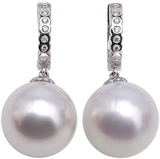 JYX Pearl 18K Gold Earrings AAAAA Genuine 15.5mm Natural White South Sea Cultured Pearl Drop Dangle Earrings Dotted with Diamonds